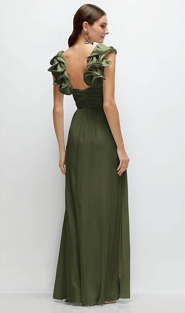 Back View - Olive Green Dramatic Ruffle Edge Strap Chiffon Maxi Dress