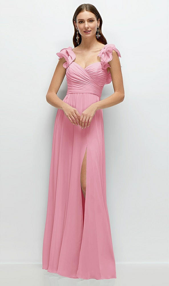 Front View - Peony Pink Dramatic Ruffle Edge Strap Chiffon Maxi Dress