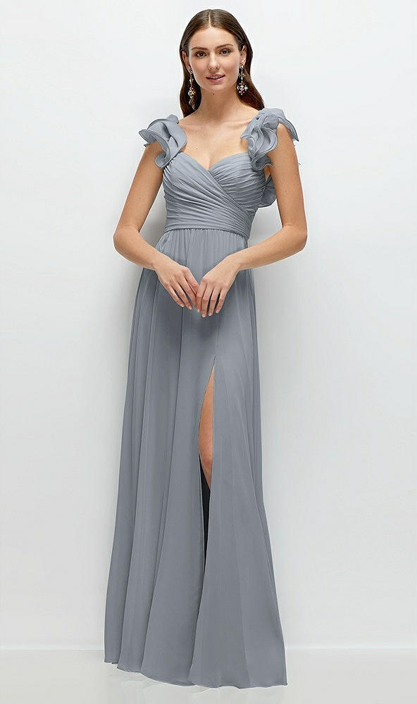 Front View - Platinum Dramatic Ruffle Edge Strap Chiffon Maxi Dress