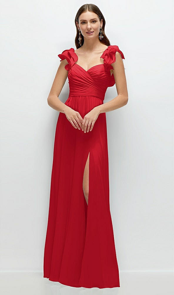 Front View - Parisian Red Dramatic Ruffle Edge Strap Chiffon Maxi Dress