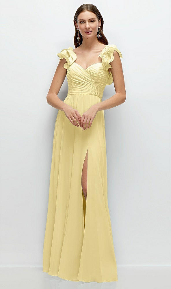 Front View - Pale Yellow Dramatic Ruffle Edge Strap Chiffon Maxi Dress