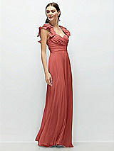 Side View Thumbnail - Coral Pink Dramatic Ruffle Edge Strap Chiffon Maxi Dress