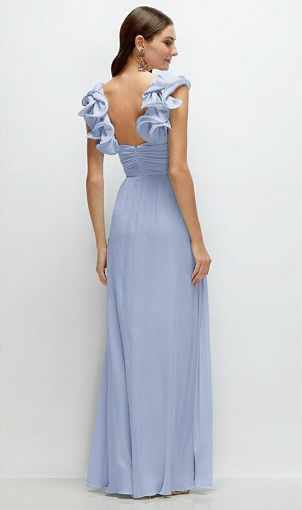 Back View - Sky Blue Dramatic Ruffle Edge Strap Chiffon Maxi Dress