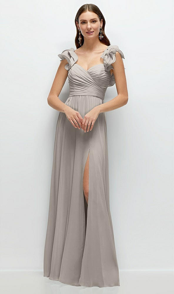 Front View - Taupe Dramatic Ruffle Edge Strap Chiffon Maxi Dress