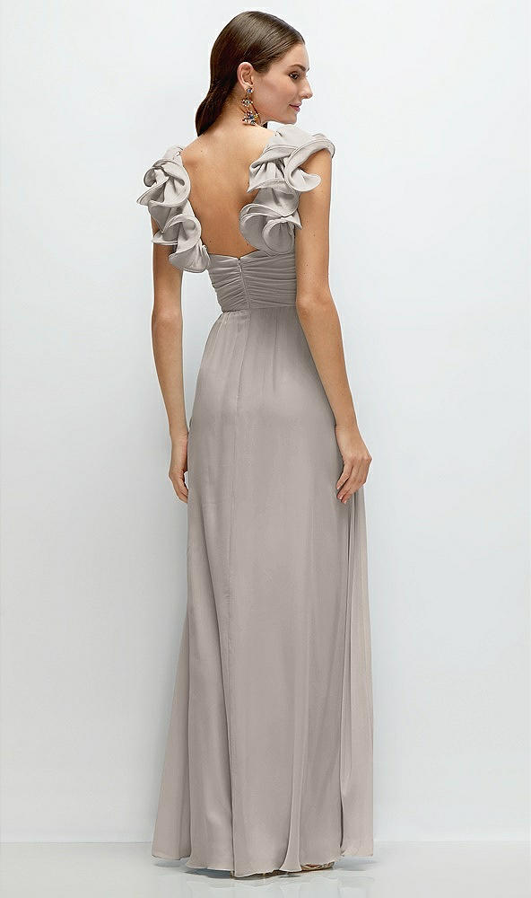 Back View - Taupe Dramatic Ruffle Edge Strap Chiffon Maxi Dress