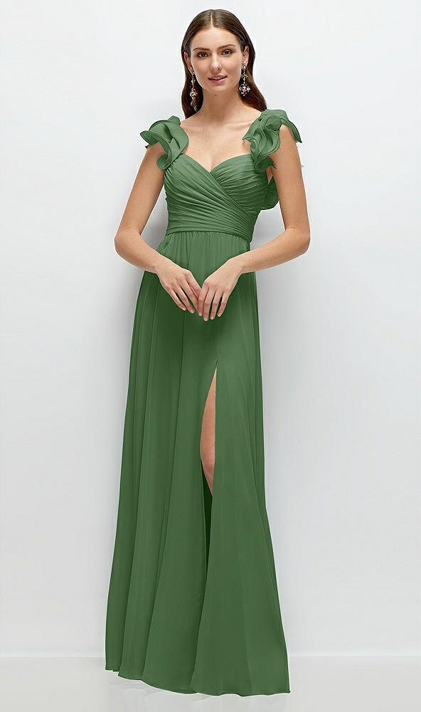 Front View - Vineyard Green Dramatic Ruffle Edge Strap Chiffon Maxi Dress