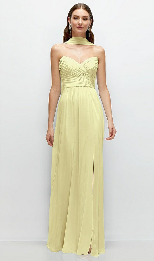 Front View - Butter Yellow Strapless Pleated Surplice Chiffon Maxi Dress with A-Line Skirt