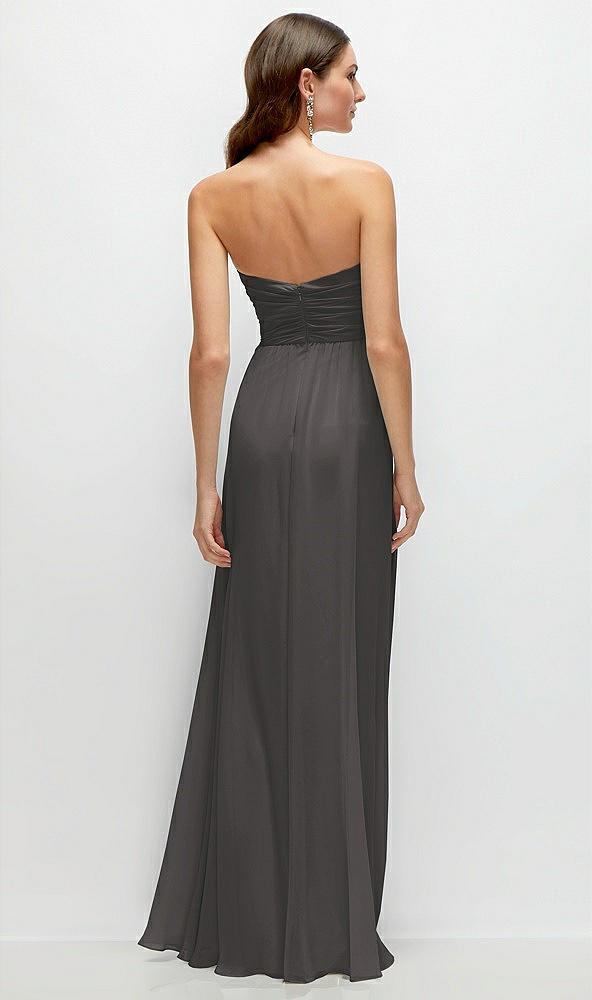 Back View - Caviar Gray Strapless Pleated Surplice Chiffon Maxi Dress with A-Line Skirt