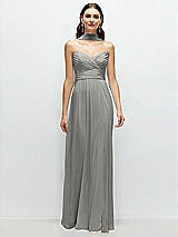 Front View Thumbnail - Chelsea Gray Strapless Pleated Surplice Chiffon Maxi Dress with A-Line Skirt