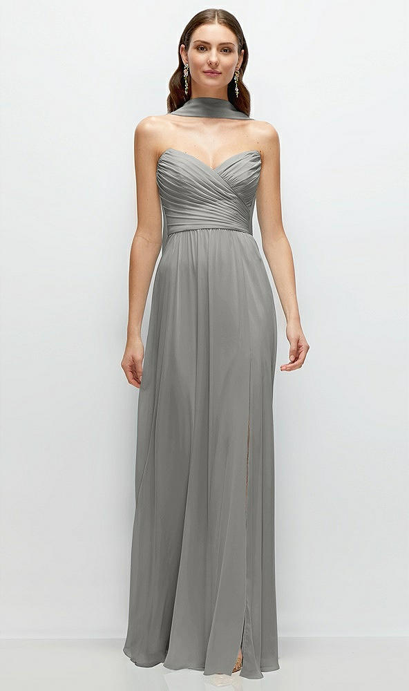 Front View - Chelsea Gray Strapless Pleated Surplice Chiffon Maxi Dress with A-Line Skirt