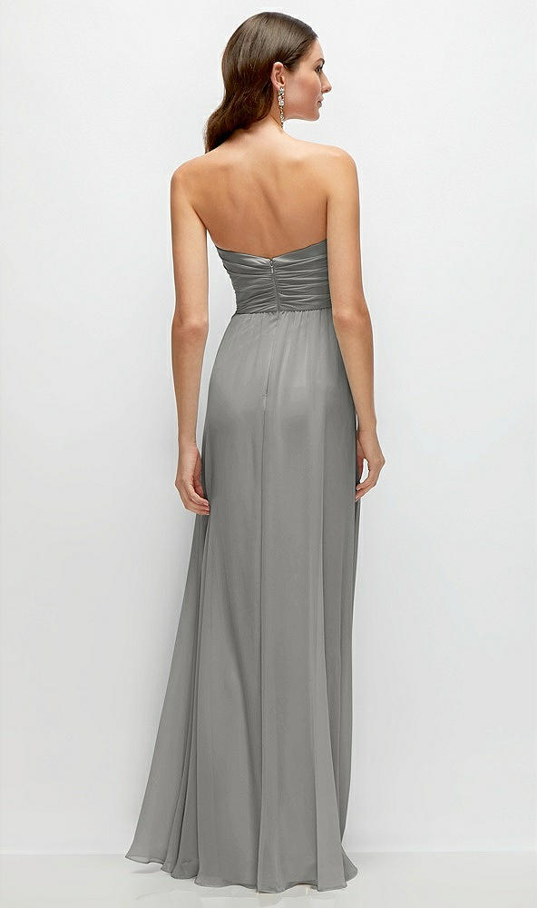 Back View - Chelsea Gray Strapless Pleated Surplice Chiffon Maxi Dress with A-Line Skirt