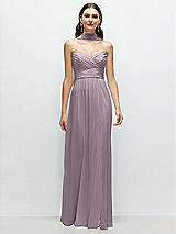 Front View Thumbnail - Lilac Dusk Strapless Pleated Surplice Chiffon Maxi Dress with A-Line Skirt