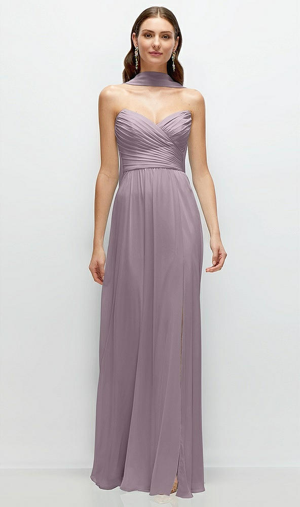 Front View - Lilac Dusk Strapless Pleated Surplice Chiffon Maxi Dress with A-Line Skirt