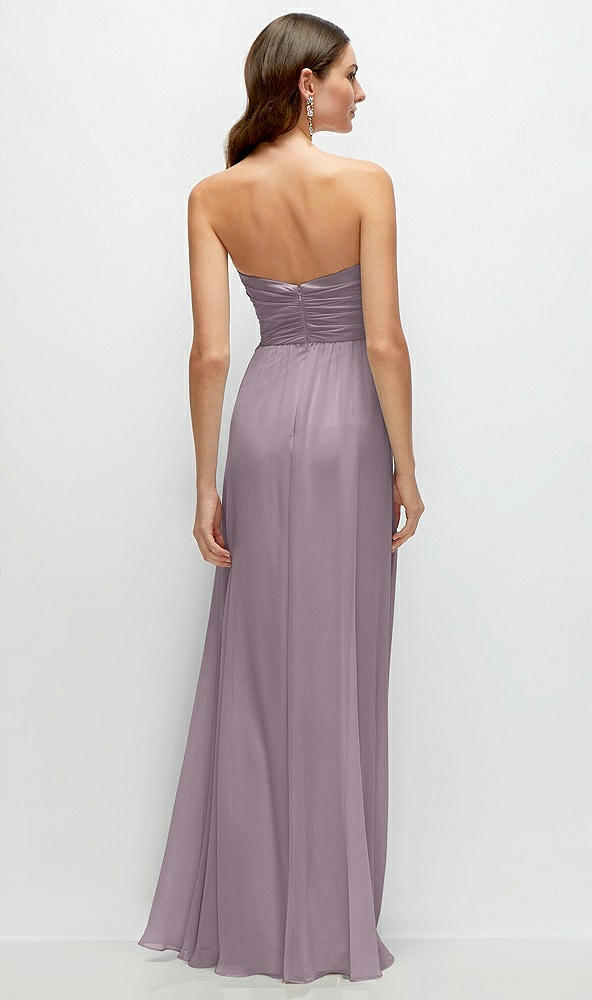 Back View - Lilac Dusk Strapless Pleated Surplice Chiffon Maxi Dress with A-Line Skirt