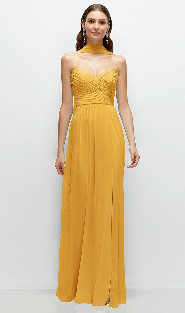 Front View - NYC Yellow Strapless Pleated Surplice Chiffon Maxi Dress with A-Line Skirt