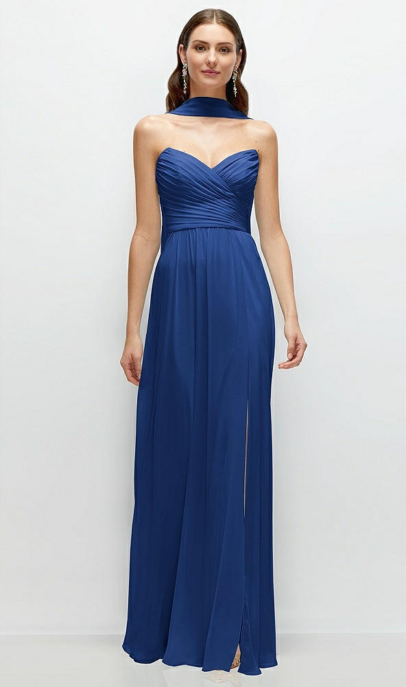 Front View - Classic Blue Strapless Pleated Surplice Chiffon Maxi Dress with A-Line Skirt