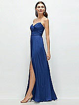 Side View Thumbnail - Classic Blue Strapless Pleated Surplice Chiffon Maxi Dress with A-Line Skirt