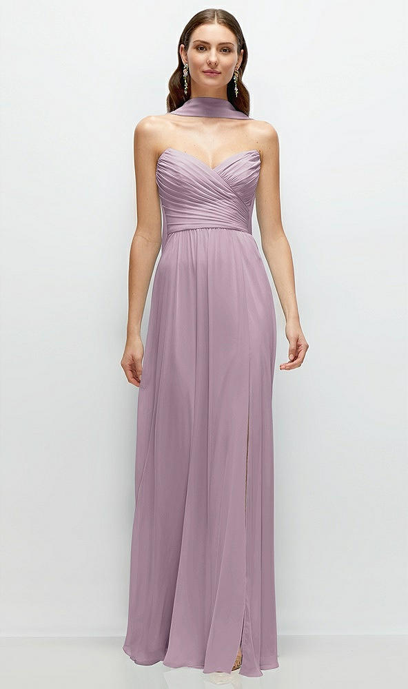 Front View - Suede Rose Strapless Pleated Surplice Chiffon Maxi Dress with A-Line Skirt