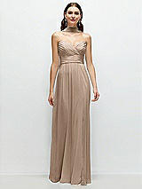 Front View Thumbnail - Topaz Strapless Pleated Surplice Chiffon Maxi Dress with A-Line Skirt