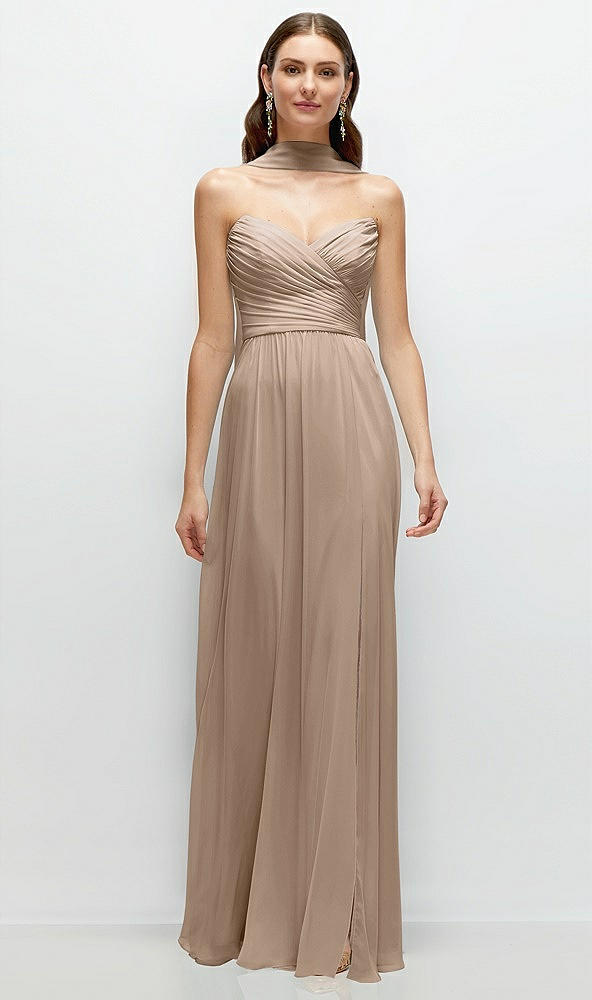 Front View - Topaz Strapless Pleated Surplice Chiffon Maxi Dress with A-Line Skirt