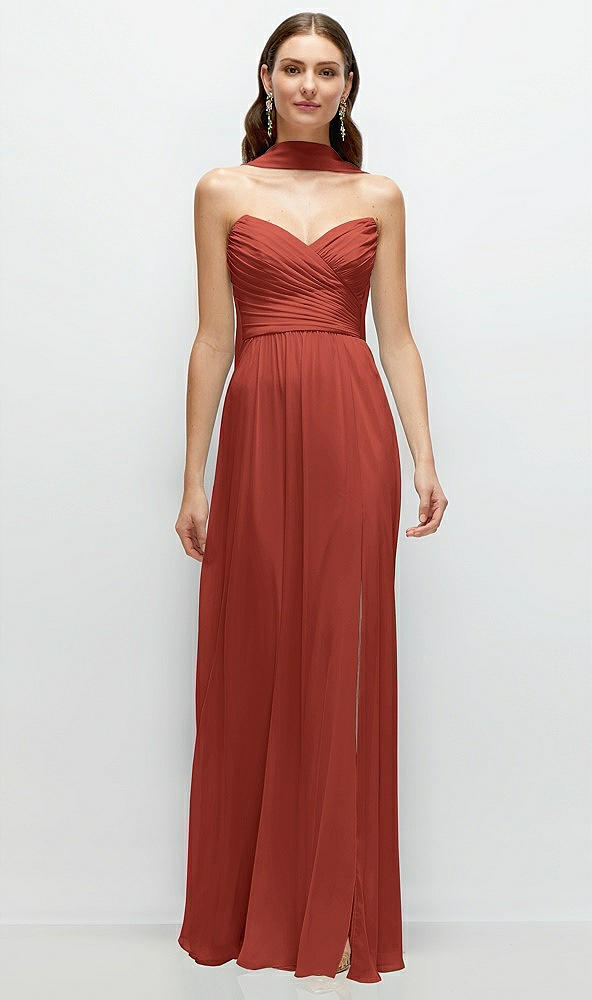 Front View - Amber Sunset Strapless Pleated Surplice Chiffon Maxi Dress with A-Line Skirt