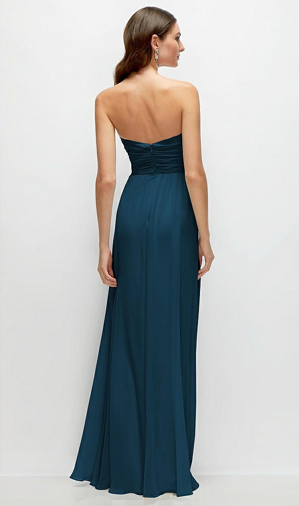 Back View - Atlantic Blue Strapless Pleated Surplice Chiffon Maxi Dress with A-Line Skirt