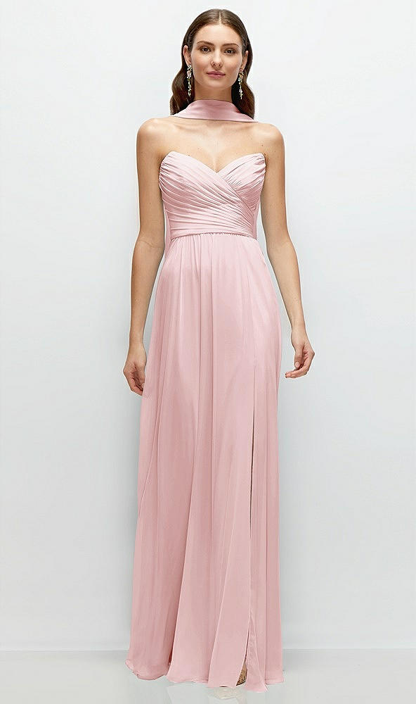 Front View - Ballet Pink Strapless Pleated Surplice Chiffon Maxi Dress with A-Line Skirt