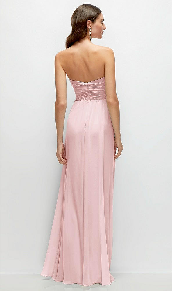 Back View - Ballet Pink Strapless Pleated Surplice Chiffon Maxi Dress with A-Line Skirt