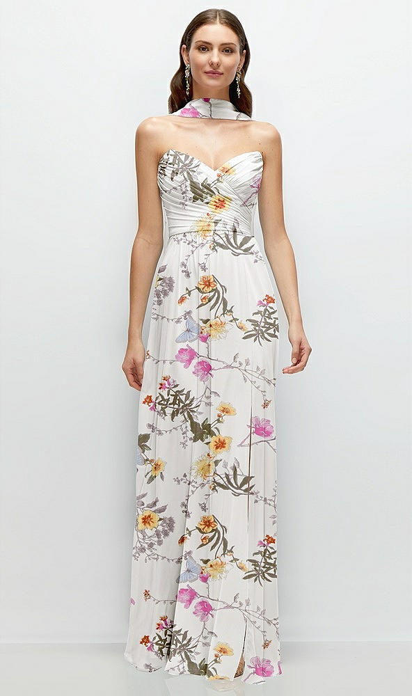 Front View - Butterfly Botanica Ivory Strapless Pleated Surplice Chiffon Maxi Dress with A-Line Skirt