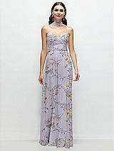 Front View Thumbnail - Butterfly Botanica Silver Dove Strapless Pleated Surplice Chiffon Maxi Dress with A-Line Skirt