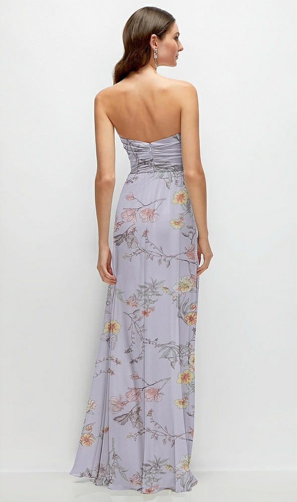 Back View - Butterfly Botanica Silver Dove Strapless Pleated Surplice Chiffon Maxi Dress with A-Line Skirt