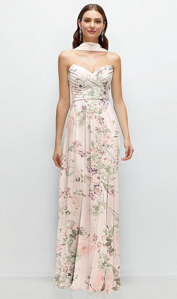 Front View - Blush Garden Strapless Pleated Surplice Chiffon Maxi Dress with A-Line Skirt