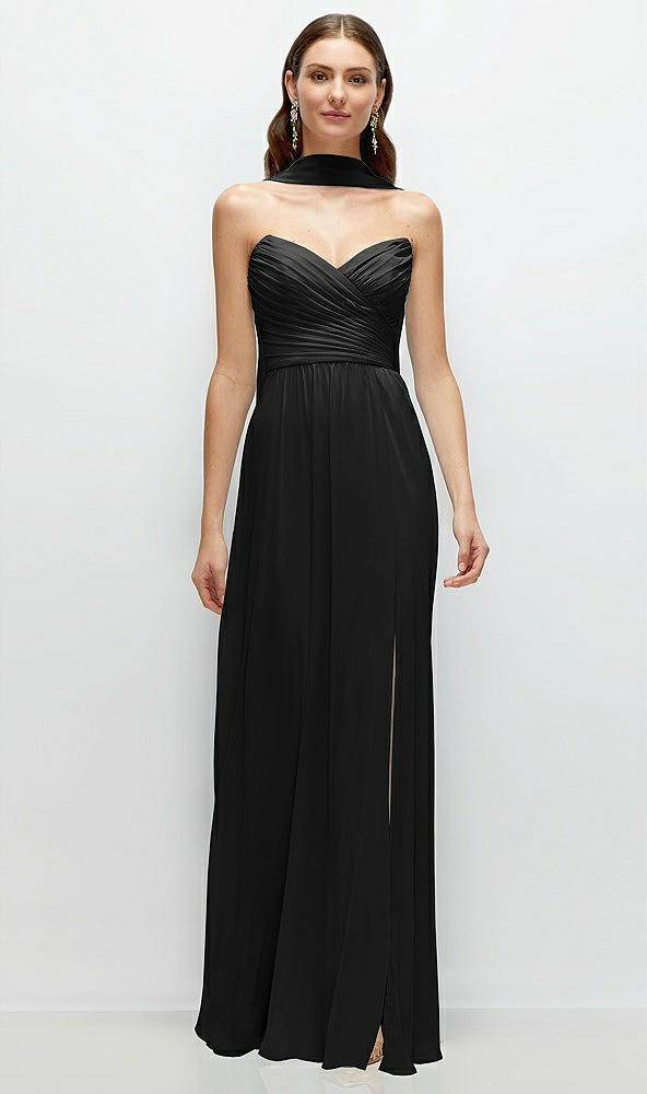 Front View - Black Strapless Pleated Surplice Chiffon Maxi Dress with A-Line Skirt