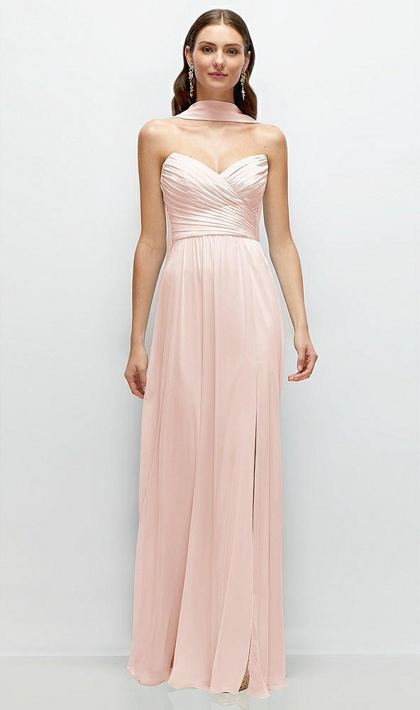 Front View - Blush Strapless Pleated Surplice Chiffon Maxi Dress with A-Line Skirt