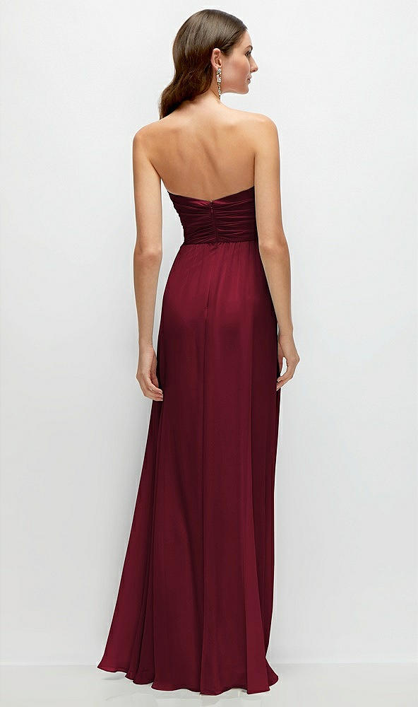 Back View - Burgundy Strapless Pleated Surplice Chiffon Maxi Dress with A-Line Skirt