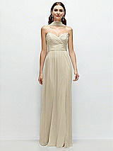 Front View Thumbnail - Champagne Strapless Pleated Surplice Chiffon Maxi Dress with A-Line Skirt