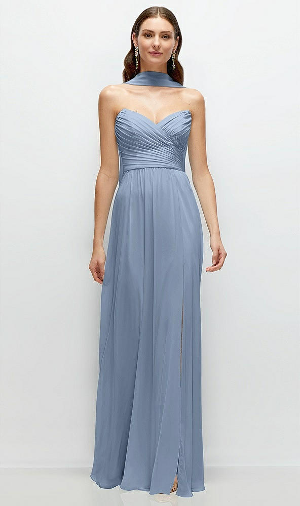 Front View - Cloudy Strapless Pleated Surplice Chiffon Maxi Dress with A-Line Skirt