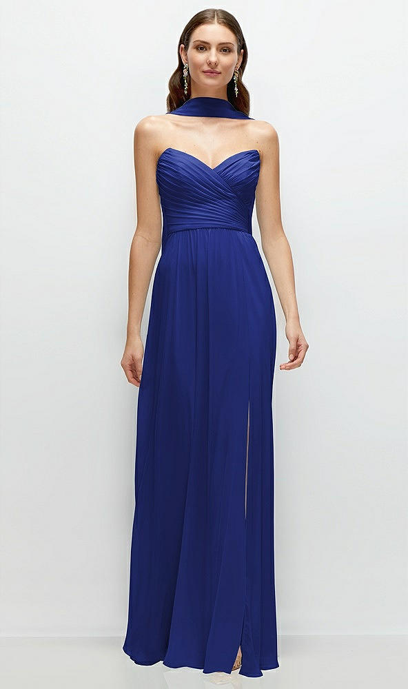 Front View - Cobalt Blue Strapless Pleated Surplice Chiffon Maxi Dress with A-Line Skirt