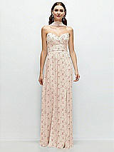 Front View Thumbnail - Coquette Floral Print Strapless Pleated Surplice Chiffon Maxi Dress with A-Line Skirt