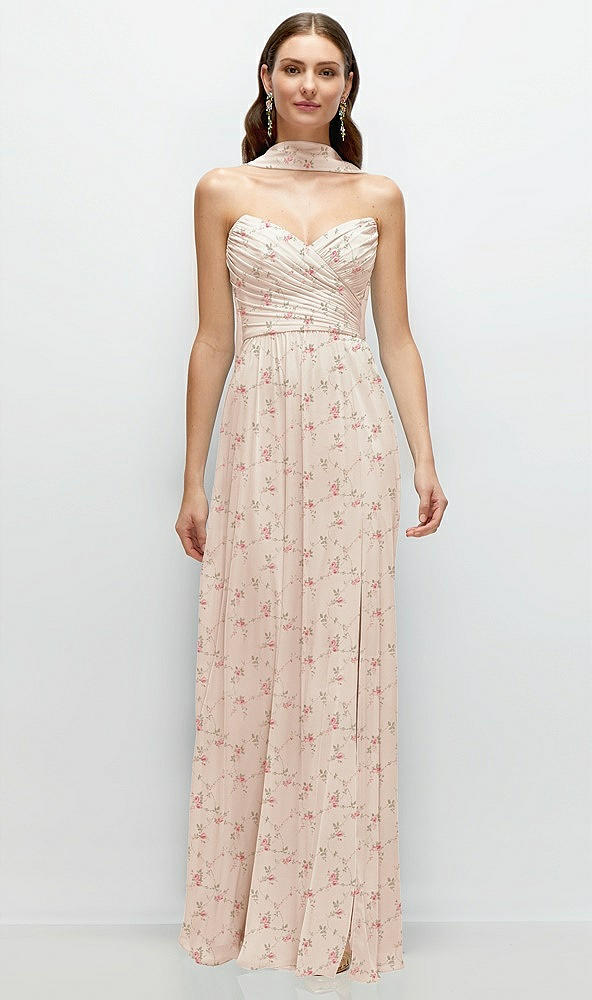 Front View - Coquette Floral Print Strapless Pleated Surplice Chiffon Maxi Dress with A-Line Skirt