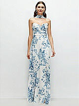 Front View Thumbnail - Cottage Rose Dusk Blue Strapless Pleated Surplice Chiffon Maxi Dress with A-Line Skirt