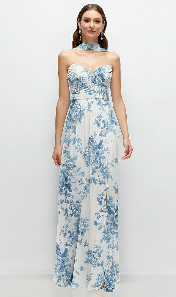 Front View - Cottage Rose Dusk Blue Strapless Pleated Surplice Chiffon Maxi Dress with A-Line Skirt