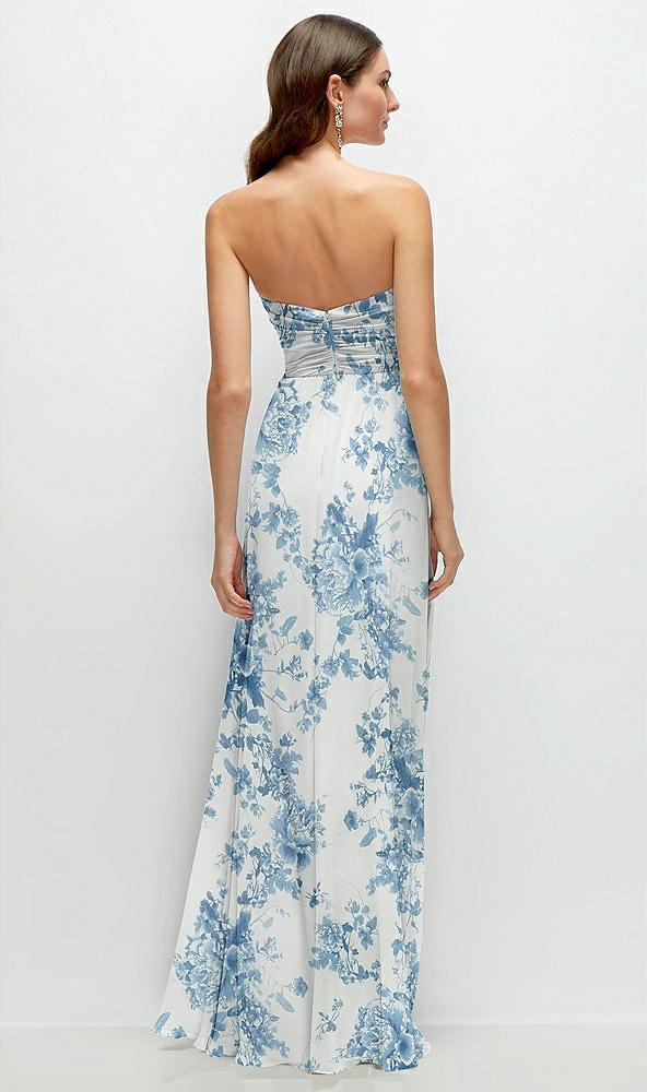 Back View - Cottage Rose Dusk Blue Strapless Pleated Surplice Chiffon Maxi Dress with A-Line Skirt