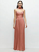 Front View Thumbnail - Desert Rose Strapless Pleated Surplice Chiffon Maxi Dress with A-Line Skirt