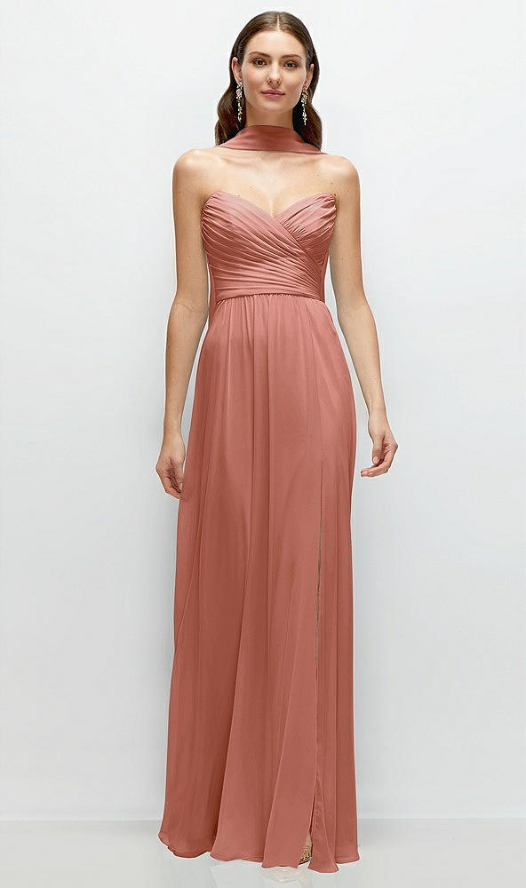 Front View - Desert Rose Strapless Pleated Surplice Chiffon Maxi Dress with A-Line Skirt