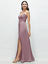 Side View Thumbnail - Dusty Rose Strapless Pleated Surplice Chiffon Maxi Dress with A-Line Skirt