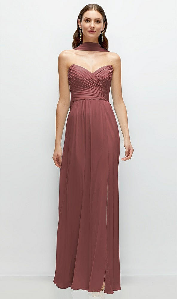 Front View - English Rose Strapless Pleated Surplice Chiffon Maxi Dress with A-Line Skirt