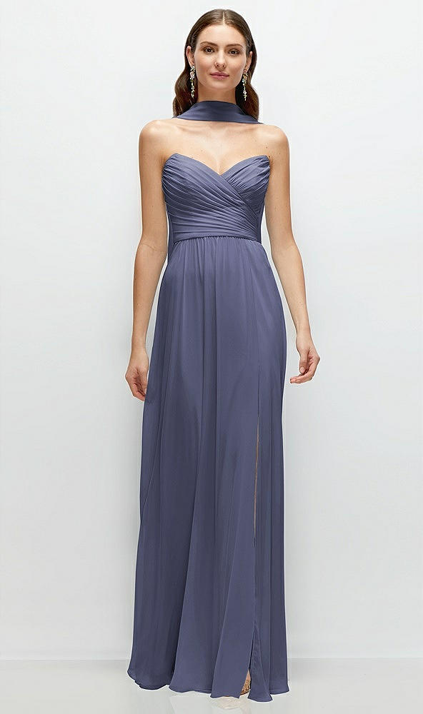 Front View - French Blue Strapless Pleated Surplice Chiffon Maxi Dress with A-Line Skirt