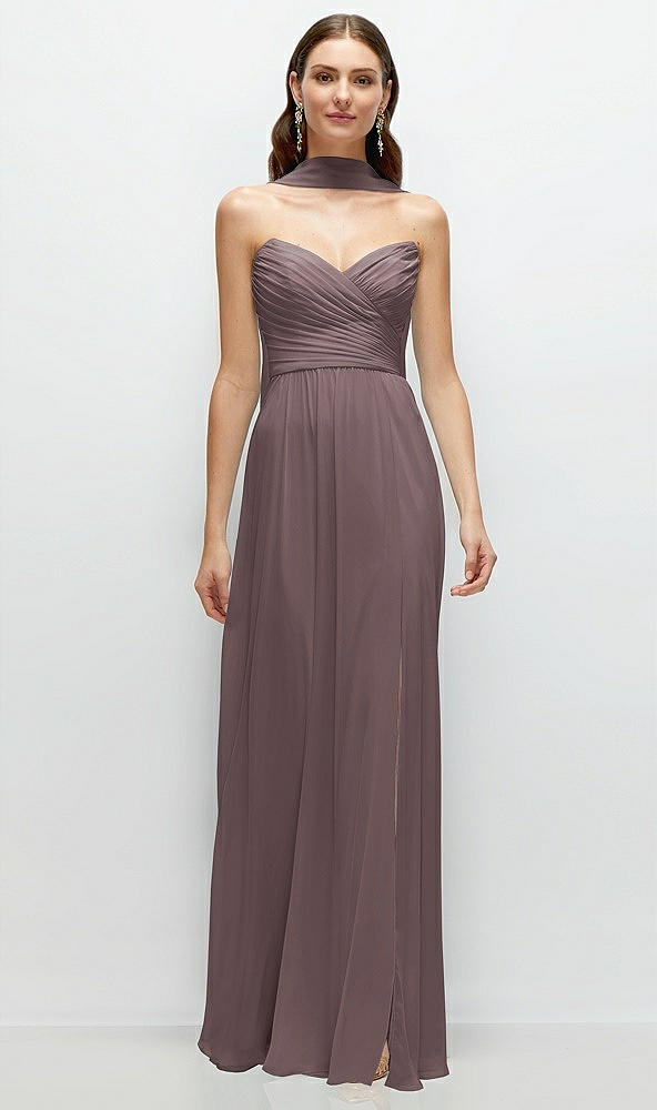 Front View - French Truffle Strapless Pleated Surplice Chiffon Maxi Dress with A-Line Skirt