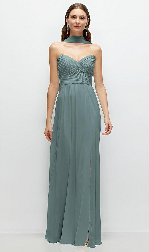 Front View - Icelandic Strapless Pleated Surplice Chiffon Maxi Dress with A-Line Skirt